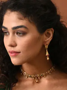 SOHI Gold-Plated Stones-Studded Contemporary Necklace & Earrings