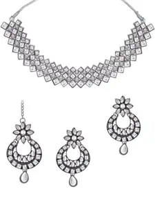 Sukkhi Rhodium-Plated Stone-Studded Necklace & Earrings With Maang Tikka