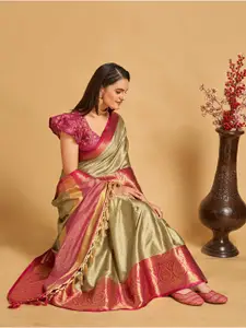 Mitera Beige & Pink Woven Design Zari Silk Cotton Banarasi Saree