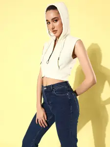 The Roadster Life Co. Solid Hooded Front-Open Sleeveless Crop Sweatshirt