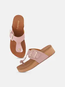 DressBerry Peach Textured T-Straps Slip On Wedge Heels