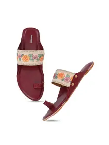 Anouk Maroon And Orange Embroidered One Toe Flats