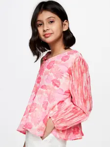 Global Desi Girls Floral Printed Puff Sleeve Peplum Top
