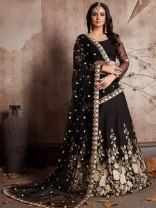 ODETTE Black & Gold-Toned Embroidered Semi-Stitched Lehenga & Unstitched Blouse With Dupatta