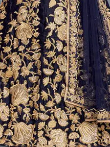 ODETTE Blue & Gold-Toned Embroidered Semi-Stitched Lehenga & Unstitched Blouse With Dupatta