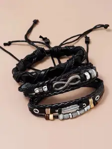 Peora Men 3 Black Leather Silver-Plated Multistrand Bracelet