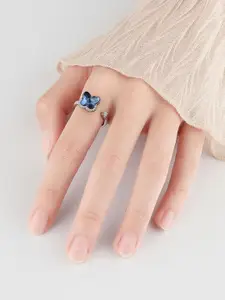MYKI Women Silver-Plated CZ Stone Studded Rotating Butterfly Adjustable Ring