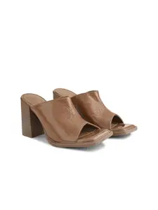 DressBerry Tan Open Toe Leather Block Heels