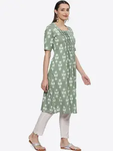Biba Pleated Abstract Ikat Printed A-Line Pure Cotton Kurta