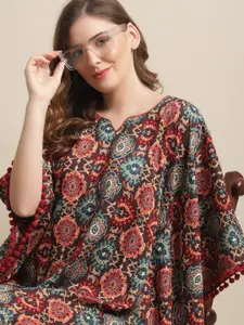 Claura Brown Ethnic Motifs Printed Pure Cotton Maxi Kaftan Nightdress
