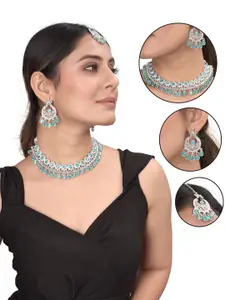 aadita Silver-Plated Stone-Studded Choker Necklace and Earrings With Maang Tika Set