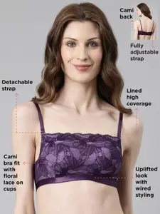 Enamor Padded Wired Full Coverage Convertible Back Straps and Lace Detailing Cami Bra