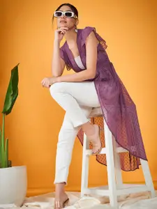 KASSUALLY Women Purple Self Design Button High-Low Shrug