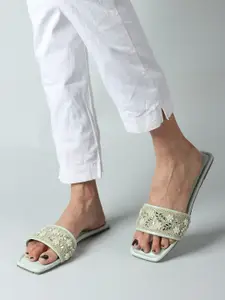 Anouk Sea Green And White Embellished Open Toe Flats