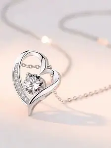 MYKI Women Silver-Plated Heart Cubic Zirconia Pendant With Chain