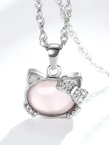 MYKI Silver-Plated Cubic Zirconia Studded Kitty Pendant