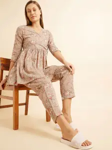 Sweet Dreams Grey & White Ethnic Motifs Printed Pure Cotton Night Suit