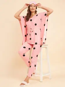 Sweet Dreams Pink & White Polka Dots Printed Kaftan Night Suit