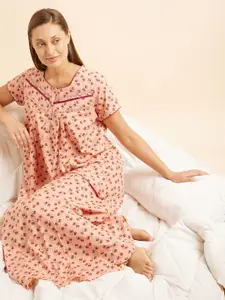 Sweet Dreams Peach & Red Floral Printed Maxi Nightdress