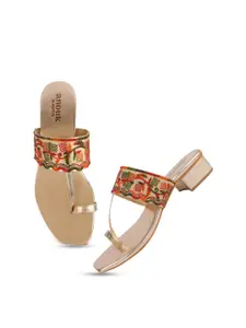 Anouk Gold-Toned And Green Embroidered One Toe Block Heels