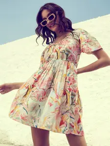 Athena Floral Print Off-Shoulder Flutter Sleeve Crepe Fit & Flare Dress