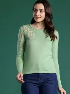 DressBerry Floral Embroidered Round-Neck Acrylic Pullover