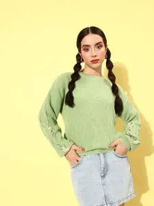 DressBerry Round Neck Pullover With Floral Embroidered Detail On Sleeves