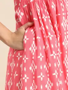 Anouk Geometric Print Mandarin Collar Roll-Up Sleeves Pastels Flared Pleated A-Line Kurta