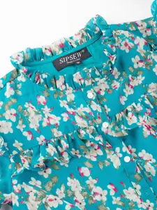 Sipsew Floral Printed High Neck Puff Sleeves Georgette A-Line Midi Dress