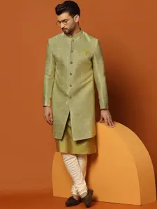 KISAH Men Woven Design Cotton Kurta & Indowestern Sherwani with Churidar Set