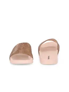 DressBerry Women Nude-Coloured And Gold-Toned Printed Sliders