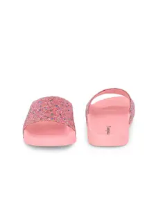DressBerry Women Pink And Green Embellished Sliders