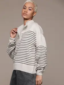 The Roadster Lifestyle Co. Mock Collar Drop-Full Sleeves Striped Pullover