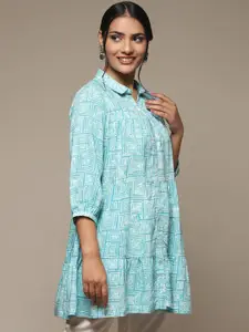 Biba Blue & White Ethnic Motif Printed Shirt Collar Kurti