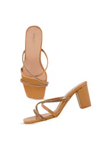 DressBerry Tan Brown And Gold-Toned Embellished Block Heels