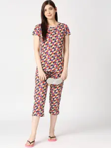 zebu Geometric Printed Pure Cotton Night Suit