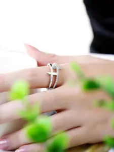 MYKI Silver-Plated CZ-Studded Adjustable Finger Ring