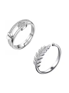 MYKI Set Of 2 Silver-Plated CZ-Studded Adjustable Finger Ring