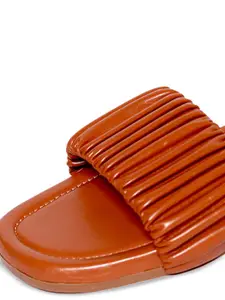 DressBerry Tan Brown Ruched Strap Open Toe Flats