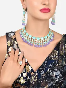 Zaveri Pearls Gold-Plated Kundan-Studded And Beaded Necklace & Earrings With Ring Set