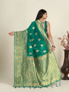 Anouk Teal & Gold-Toned Ethnic Motif Woven Design Zari Organza Saree