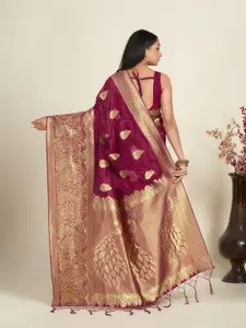 Anouk Magenta & Gold-Toned Ethnic Motif Woven Design Zari Organza Saree