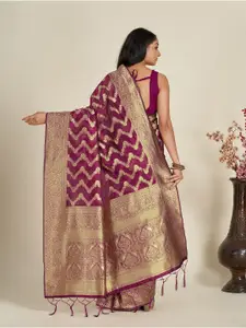 Anouk Magenta & Gold-Toned Ethnic Motif Woven Design Zari Organza Saree