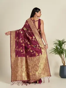Anouk Magenta & Gold-Toned Floral Woven Design Zari Organza Saree
