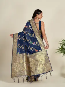 Anouk Navy Blue & Gold-Toned Floral Woven Design Zari Organza Saree