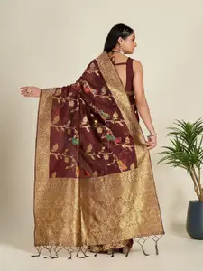 Anouk Maroon & Orange Floral Woven Design Zari Organza Saree