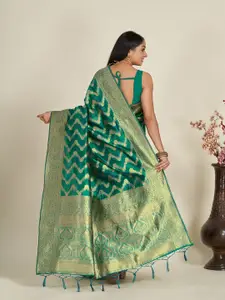 Anouk Teal & Gold-Toned Floral Woven Design Zari Organza Saree