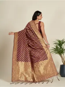 Anouk Maroon & Gold-Toned Striped Woven Design Zari Organza Saree