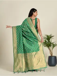 Anouk Teal & Gold-Toned Striped Woven Design Zari Organza Saree