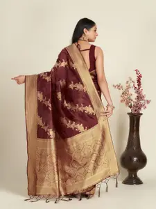 Anouk Maroon & Gold-Toned Floral Woven Design Zari Organza Saree
